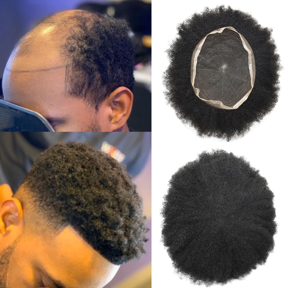 US SALE Afro Curly Black Men Toupee Full Lace Human Hairpiece Kinky Curly