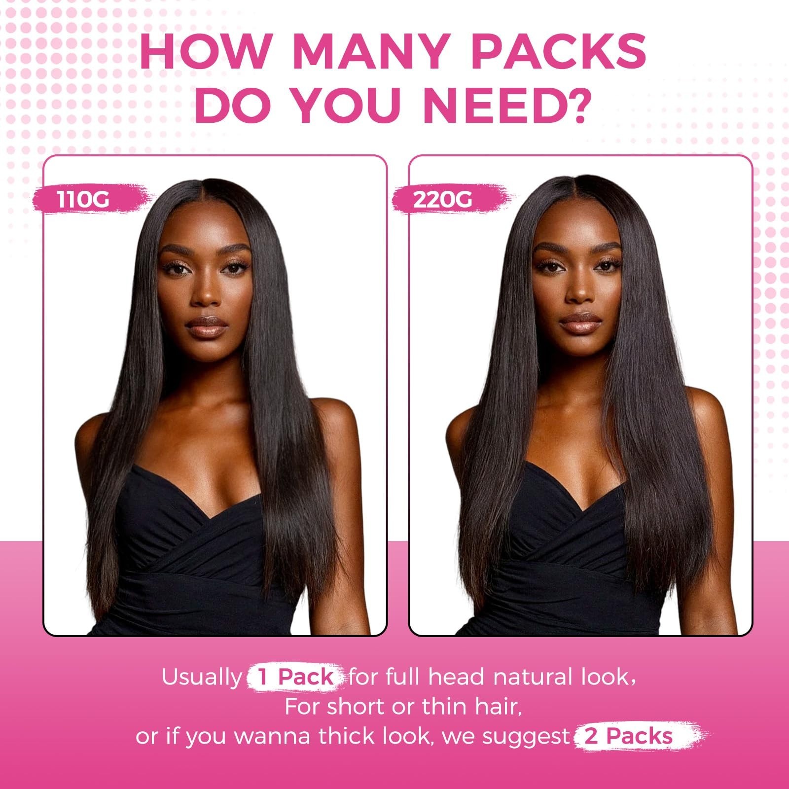 Seamless Clip-In Hair Extensions 110g, Real Human Hair, Natural Black, 16 Inch,