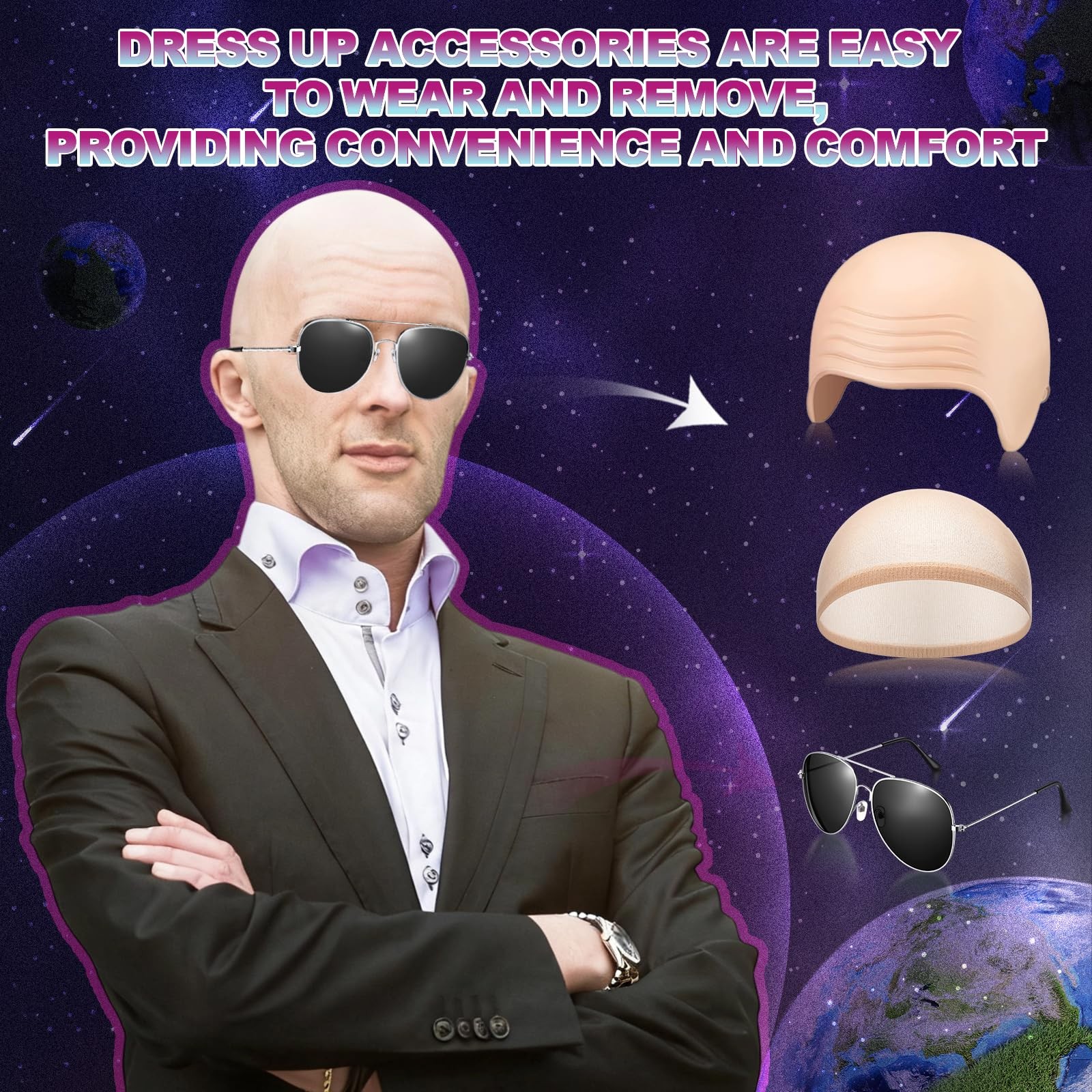 Mepase 18 Pcs Bald Caps Glasses Nylon Makeup Latex Bald Head Wig Cap For Men