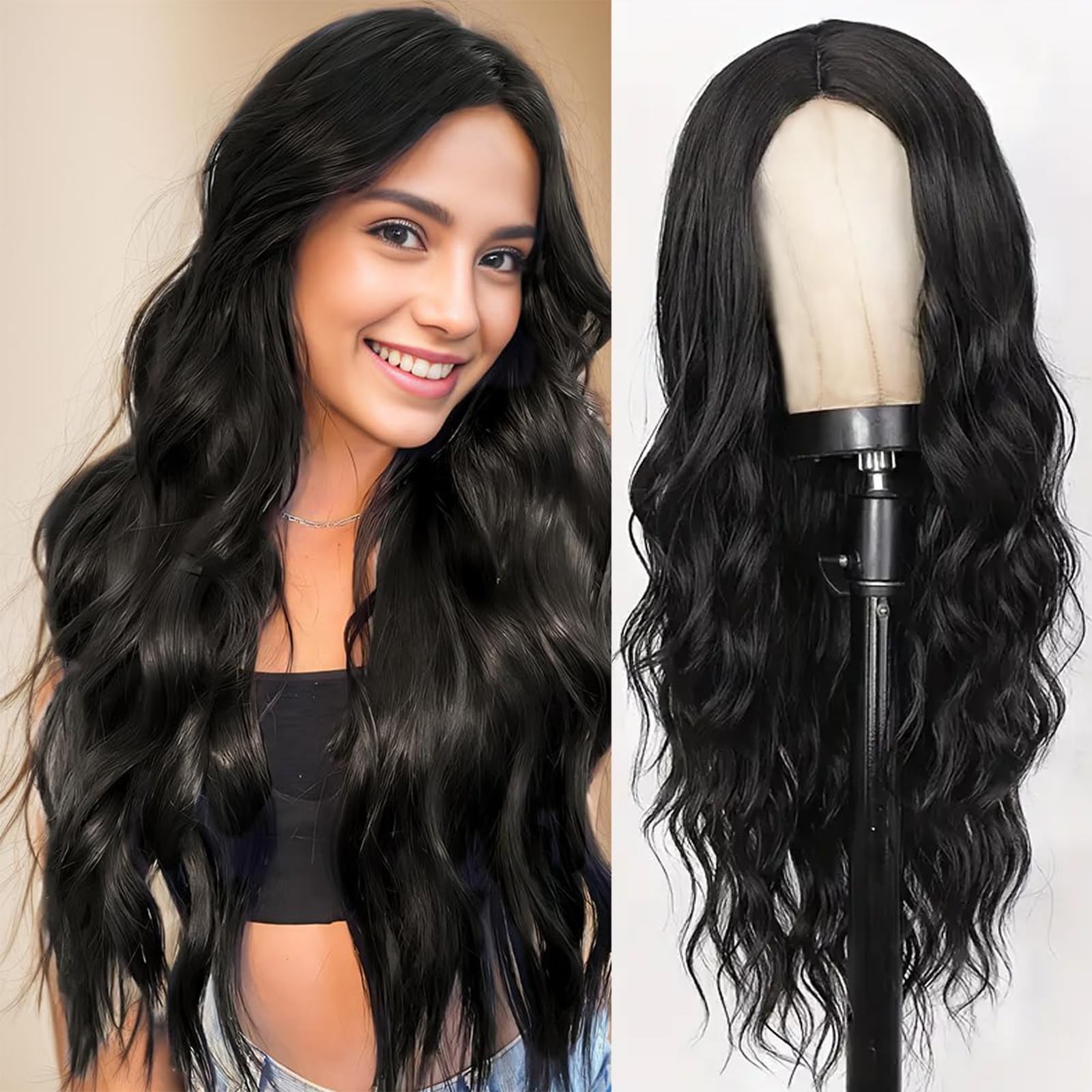 Synthetic Lace Front Wig 26 Inch Black Wig for Women 13x4x1 T-Part Long Wavy …