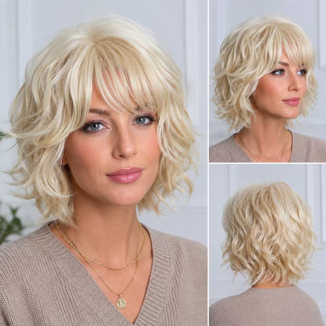 Curly Wave Bob Wig Short Blonde Wig With Bangs For Women Synthetic Nat