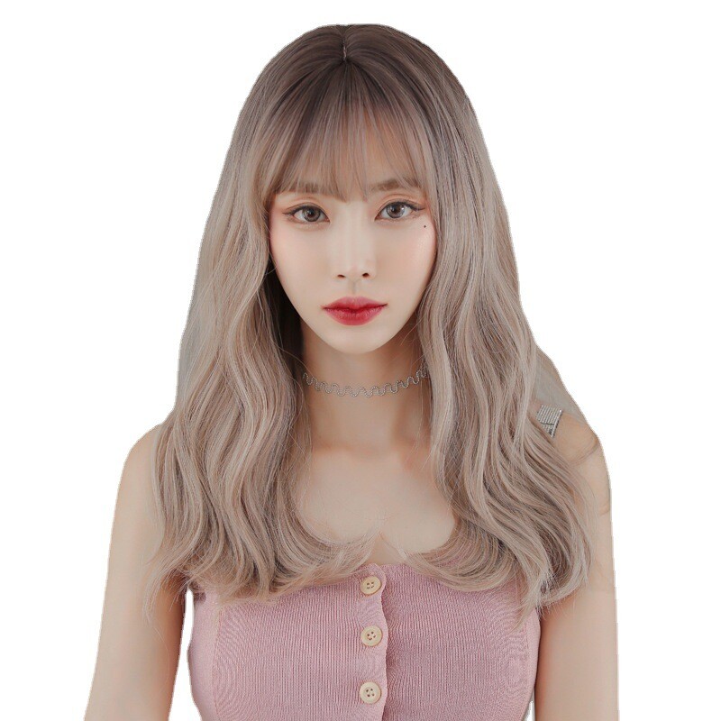 Korean Medium-Length Long Curly Wavy Wig with Bangs, Natural Heat-Resistant Wigs
