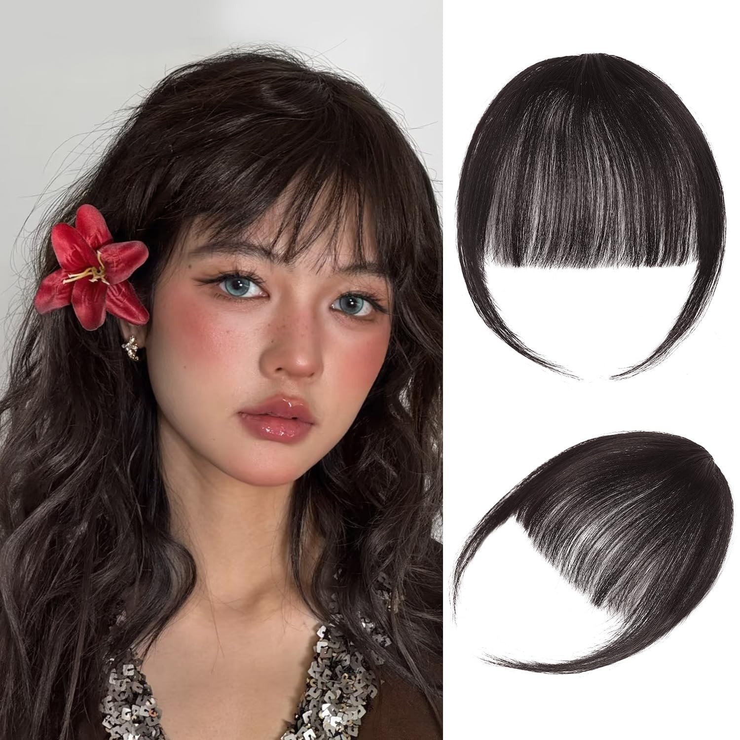 Clip in Bangs 100% Real Human Hair Extensions Wispy Brown Black Thin Bangs
