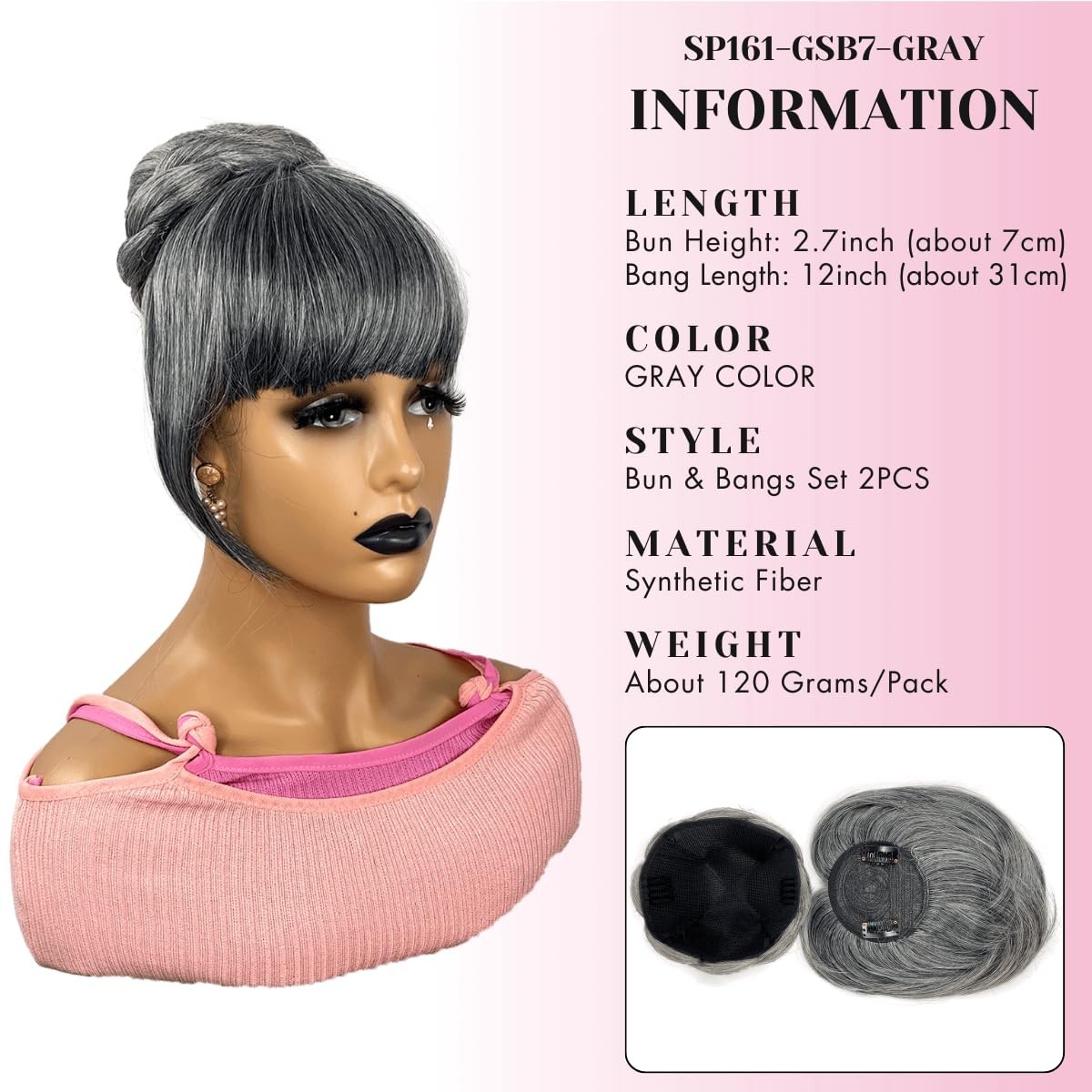 Gray Bun & Bangs Set 2PCS – Salt and Pepper Grey Clip in French Bangs with Tw…