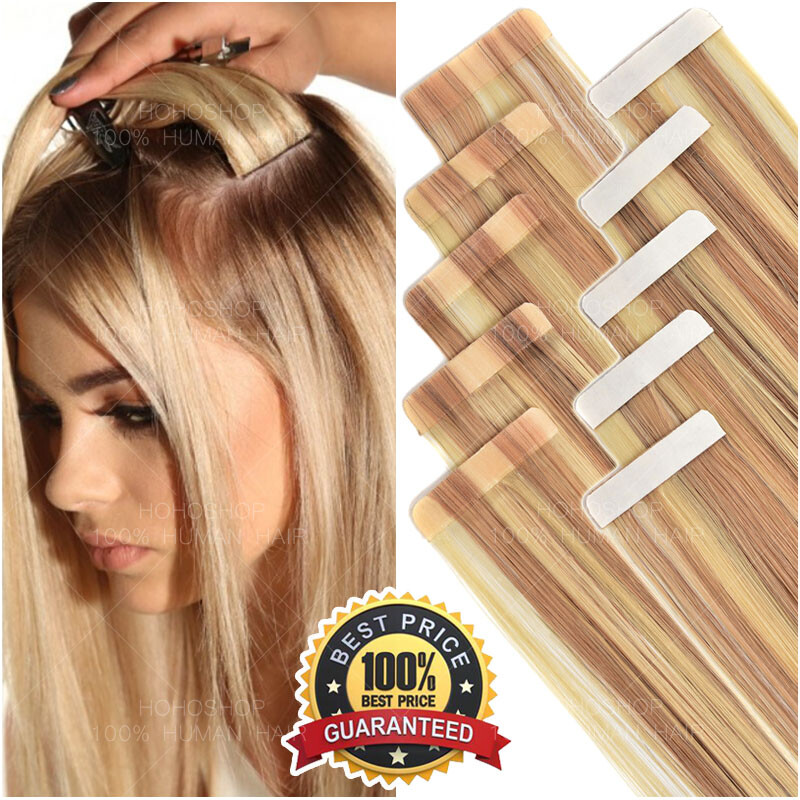 80PCS Full Head Thick Tape in Remy Human Hair Extensions Skin Weft Balayage Soft