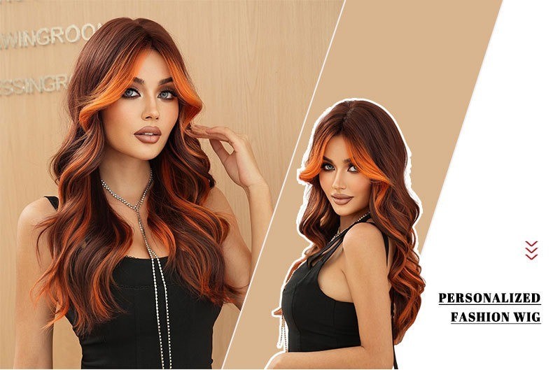 Full head wig with side-swept bangs colorful flame orange highlights and long