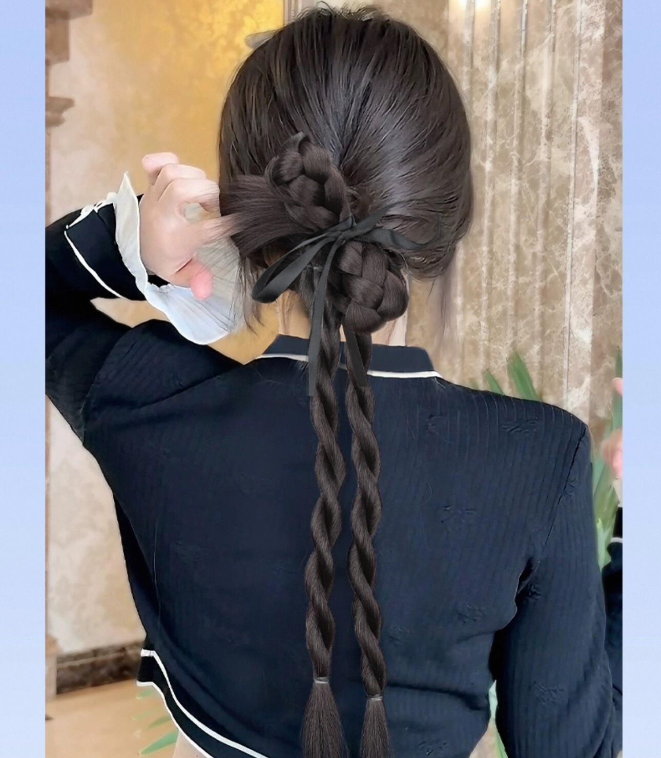 Natural Black Braided Hair wig Clip with Bow – Realistic & Easy to Wear