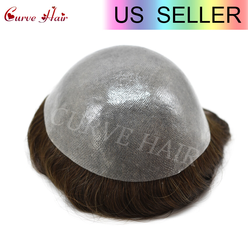 US Mens Toupee Human Hair Piece Full Poly Thin Skin Men Hair Replacement Systems