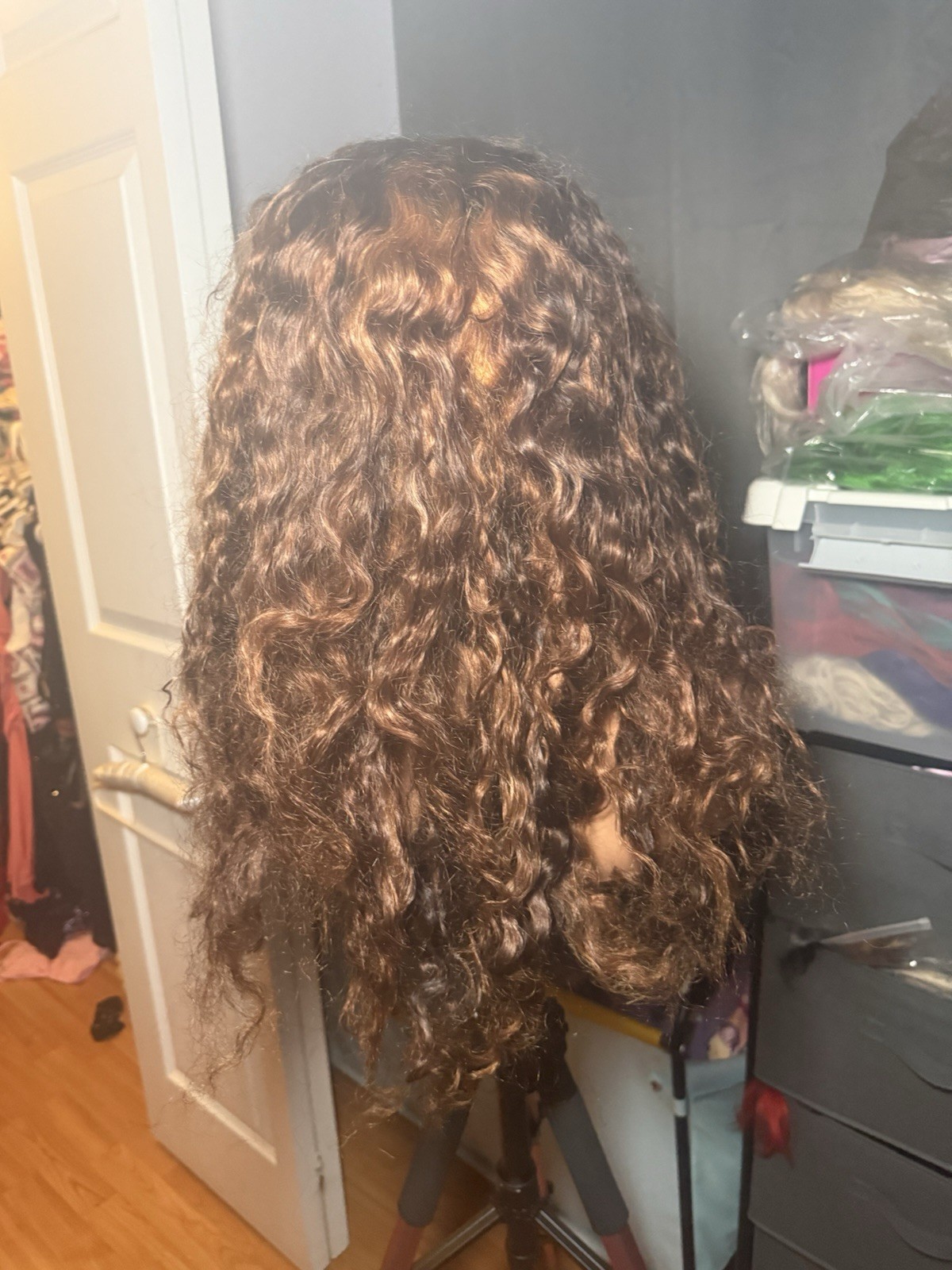 100% Human Hair 4×4 Lace Closure Wig Brown Curly Pre-Plucked 24-26