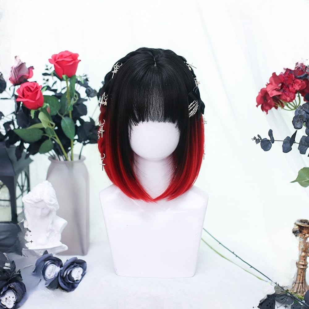 Black and Red Ombre Lolita Girls Short Bob Hair with Bangs Japanese Natural H…