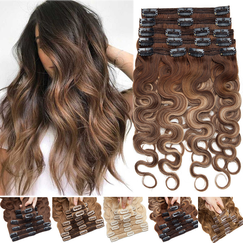 Balayage Thick DOUBLE WEFTS Clip In Human Remy Hair Extensions Full Head WAVY US