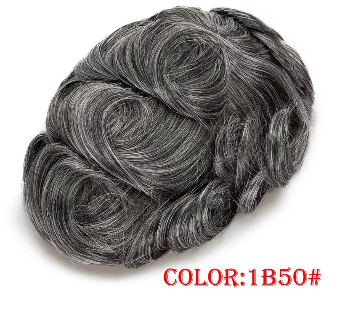 Men’s Human Hair Toupee Hairpiece Lace Base Adhesive Tape-In Wavy 5x7in