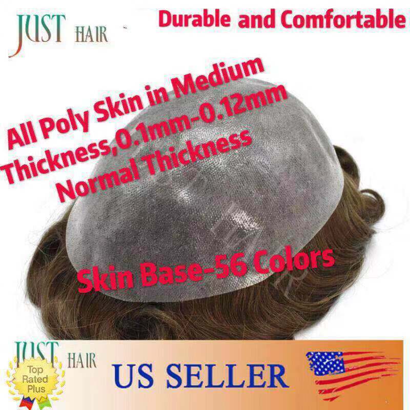Mens Hair Replacement System All Poly Skin Men Toupee Hairpieces Human Hair Wigs