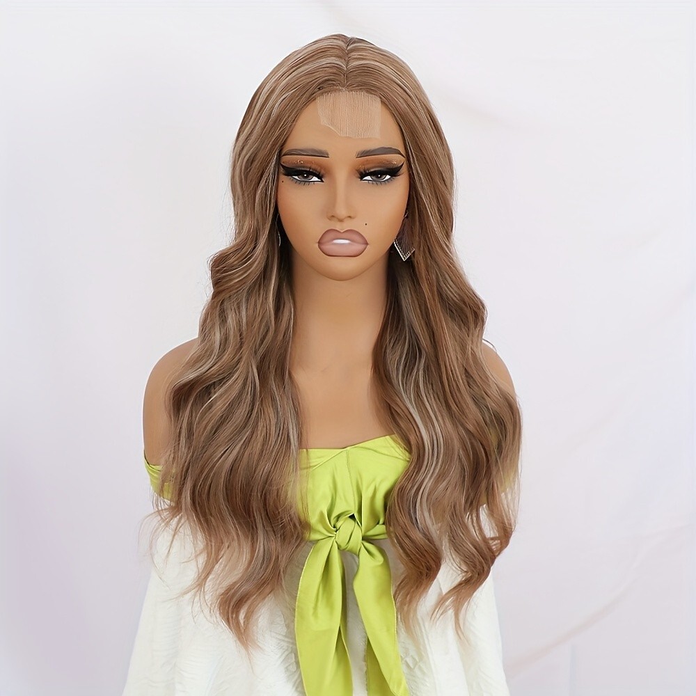 Ombre Brown Blonde Highlights Mixed Color Synthetic Wigs Middle Part Pre Plucked