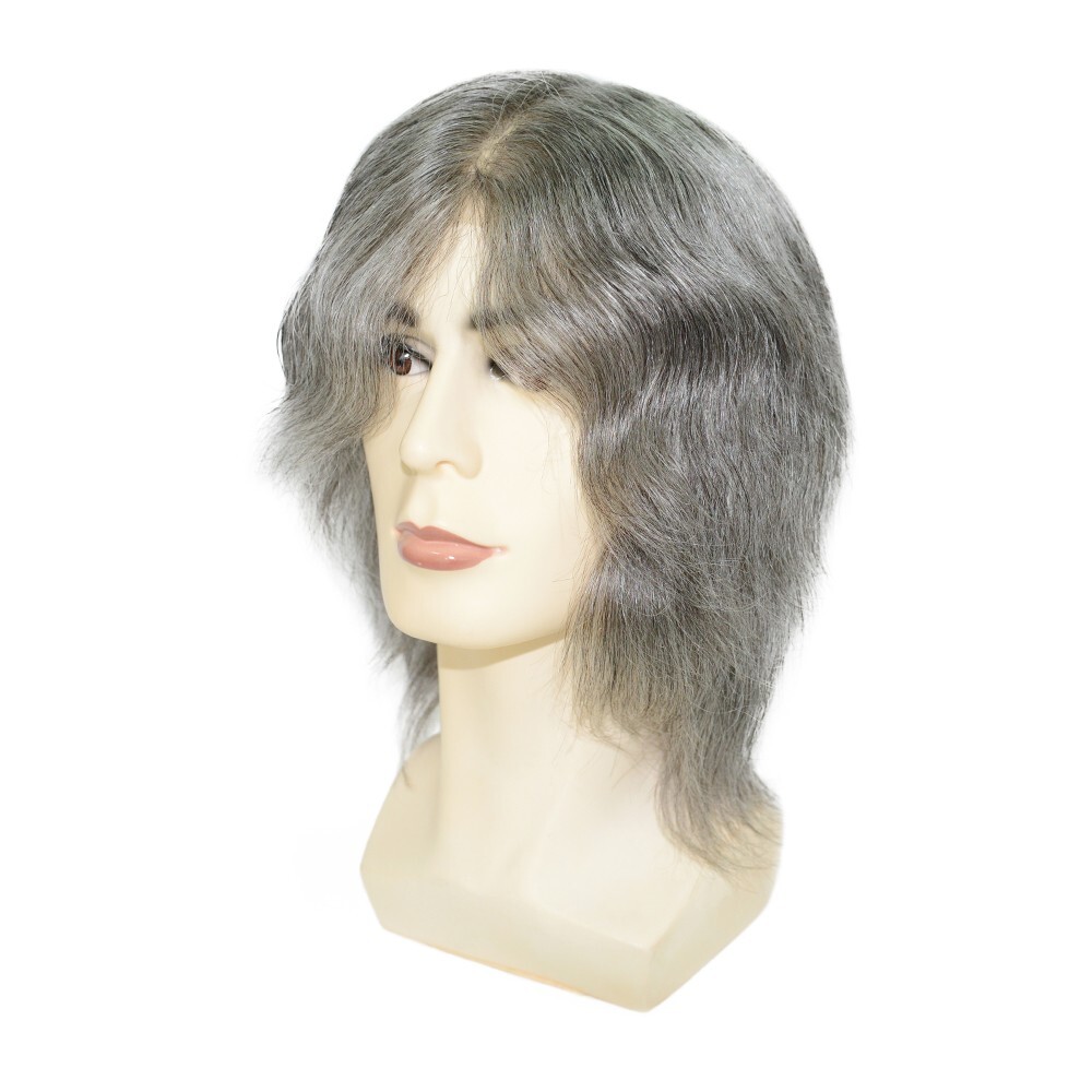 Mens Human Hair Full Head Wigs Thin Poly Skin Grey Wig Medium Size 6” #1B65