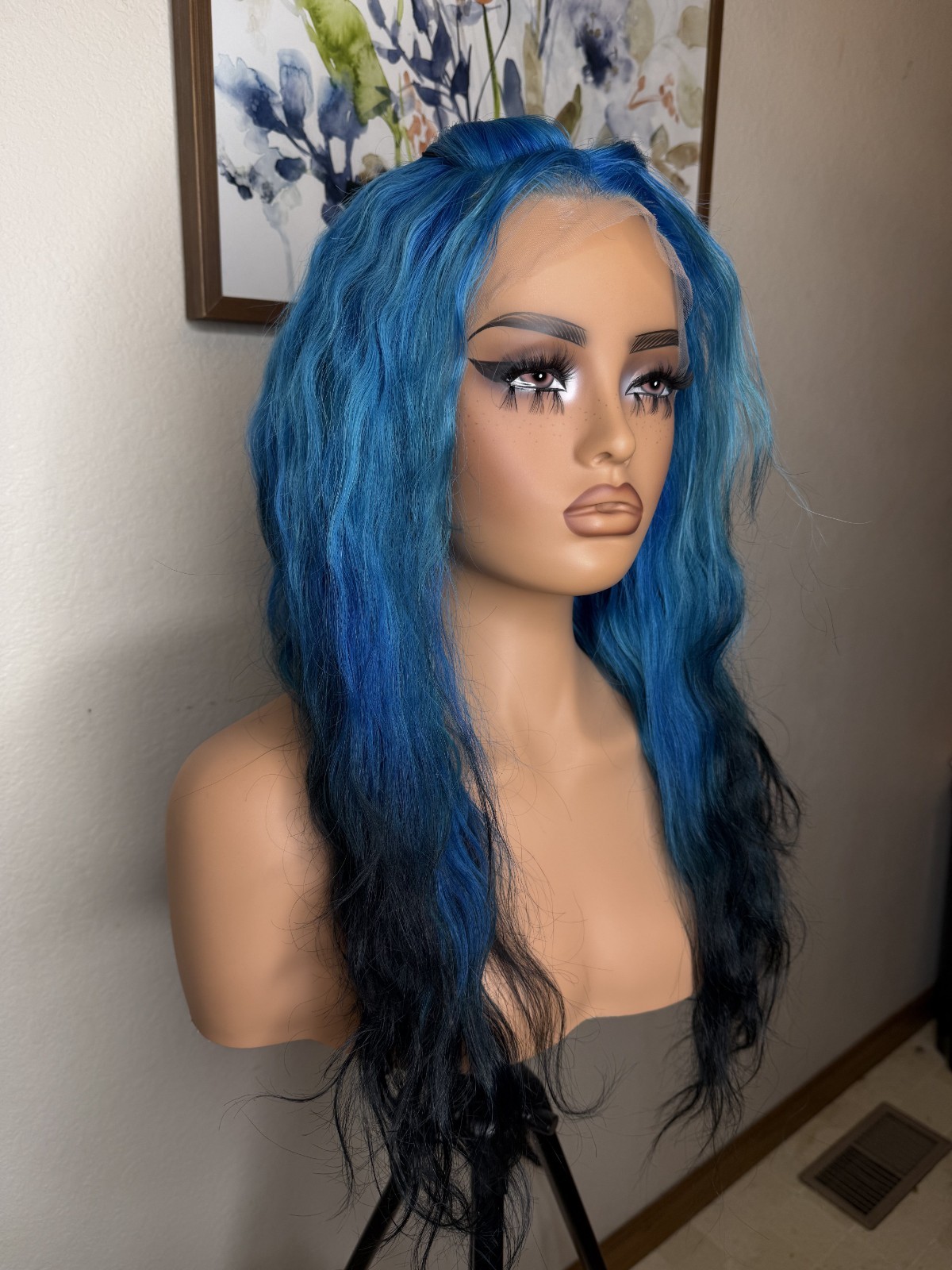 Ava 18″ Blue Black Ombre Body Wave Human Hair Unit Lace Closure Wig Frontal