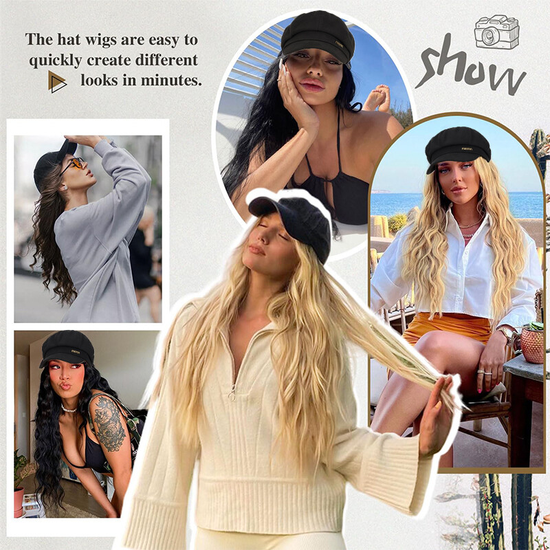 Cap With Hair Extensions Long Baseball Hat Curly/Wavy Hairpiece Natural as Human