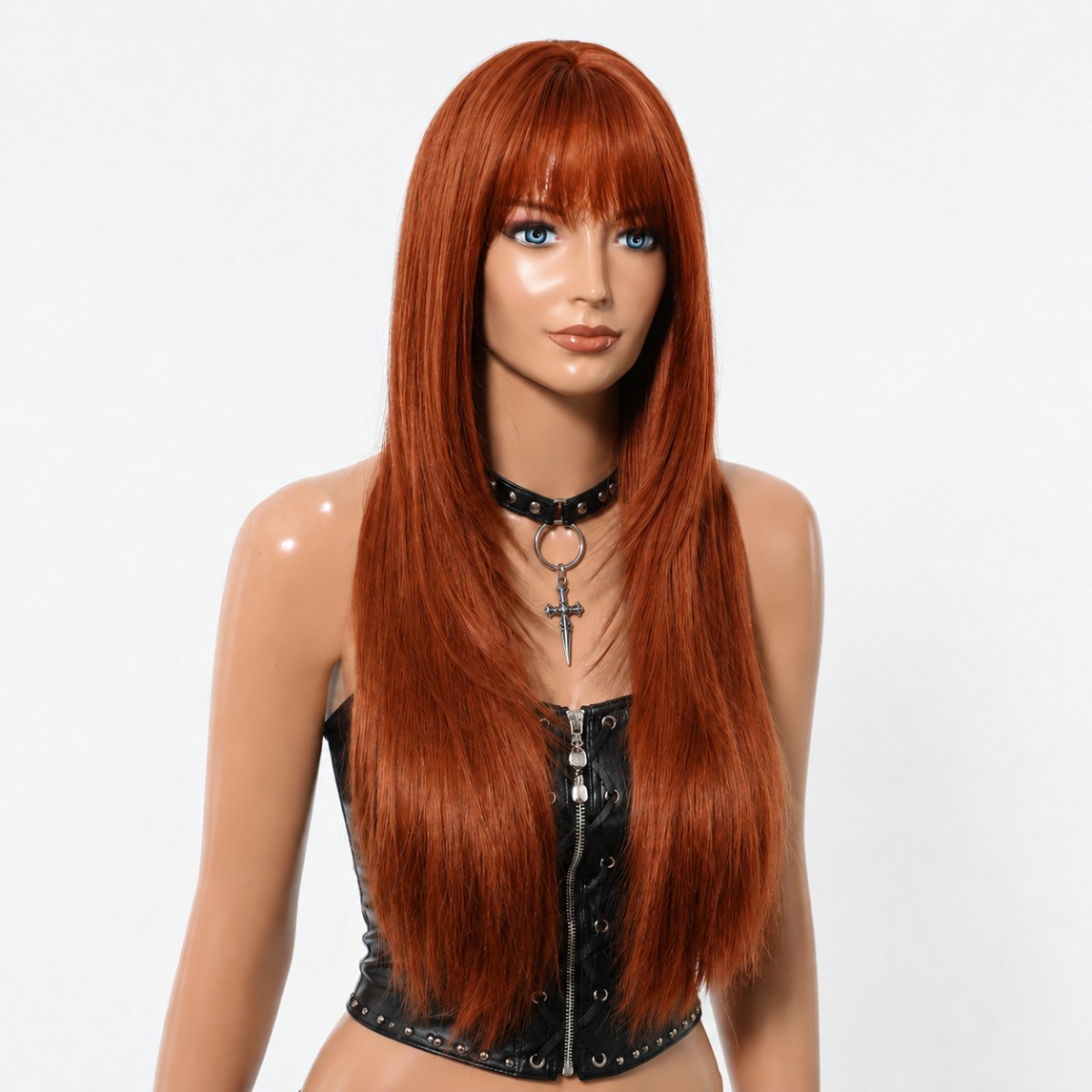 Synthetic Hair Heat Resistant Long Straight Copper Red Dress Up Wigs With Fringe