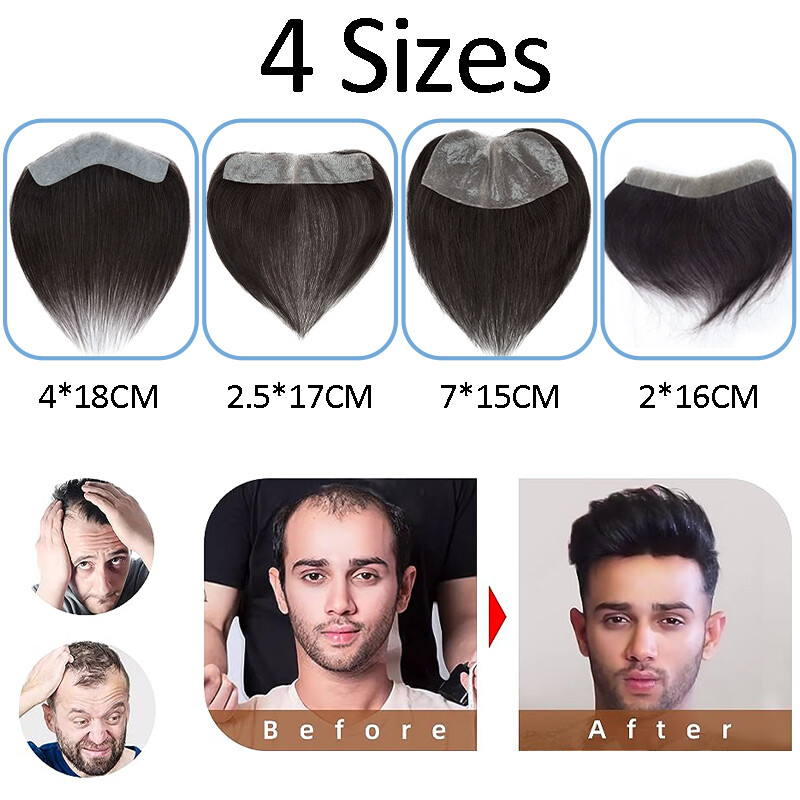 Mens Toupee for Frontal Receding Hairline Real Human Hair V-Looped PU Hairpiece