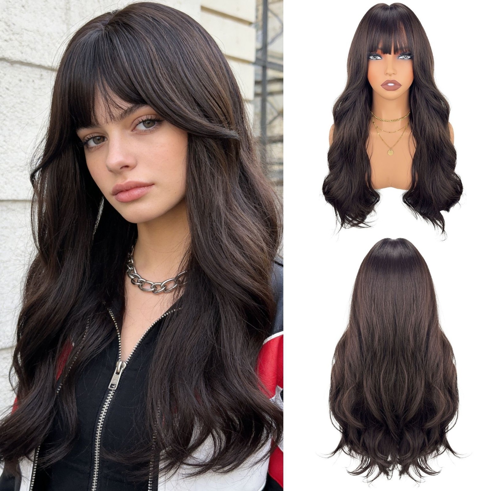 24in Dark Brown Wavy Wig with Bangs Heat Resistant Synthetic Party Wedding