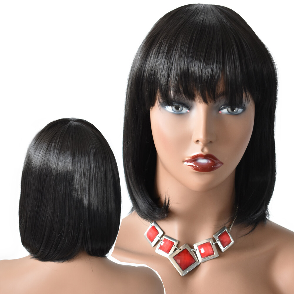 Women Bob Wigs with Bangs Natural Look Premium Synthetic Short Black Brown Hair