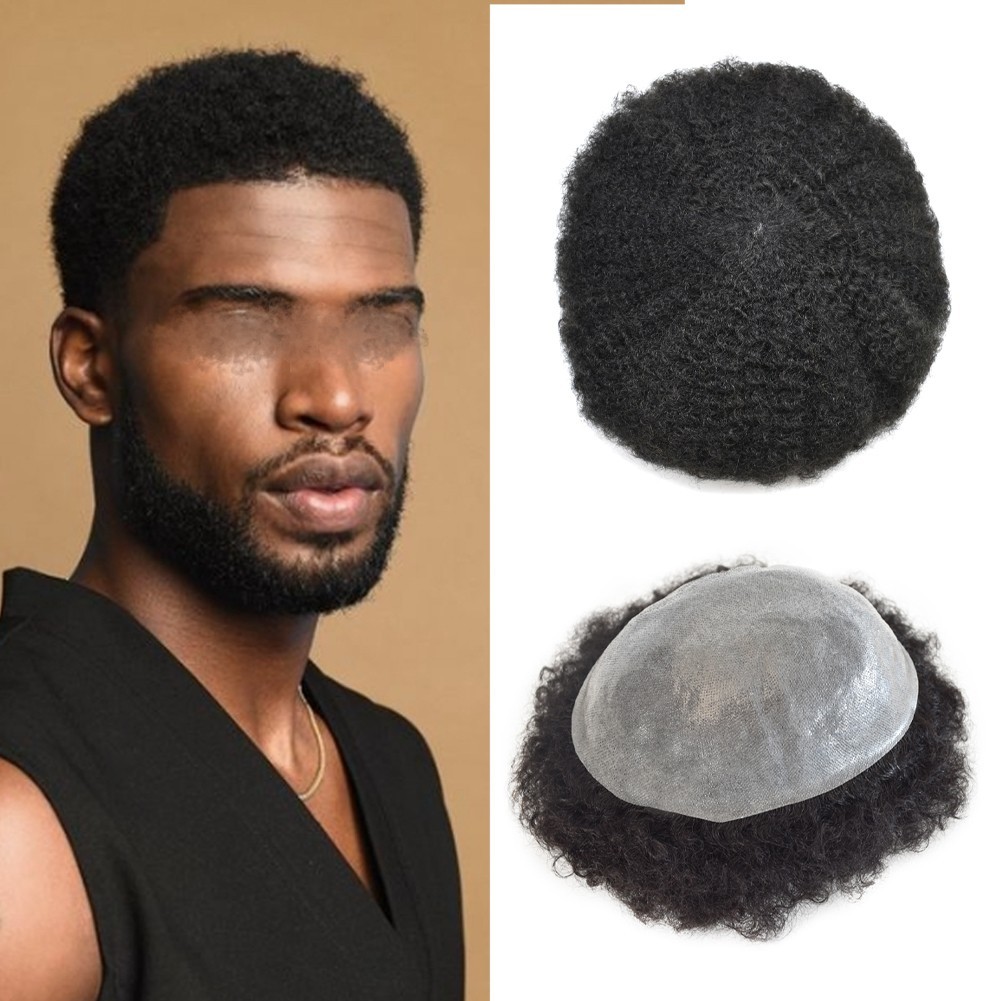 Afro Curl Mens Toupee Full Poly African American Hair System Replacement for Men