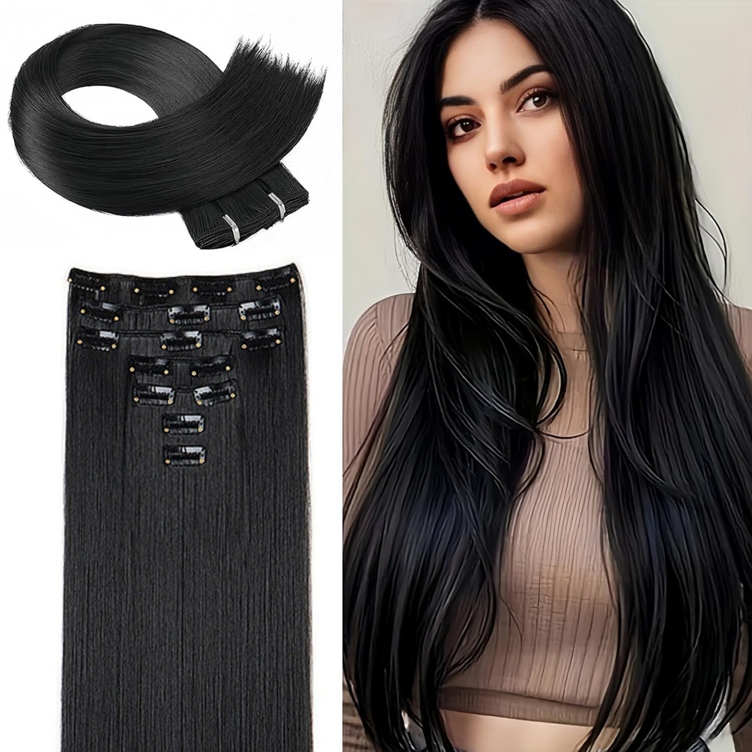 Seamless Clip-in Hair Extensions – 7 Pieces, 140g Synthetic US 24 Inch, Black