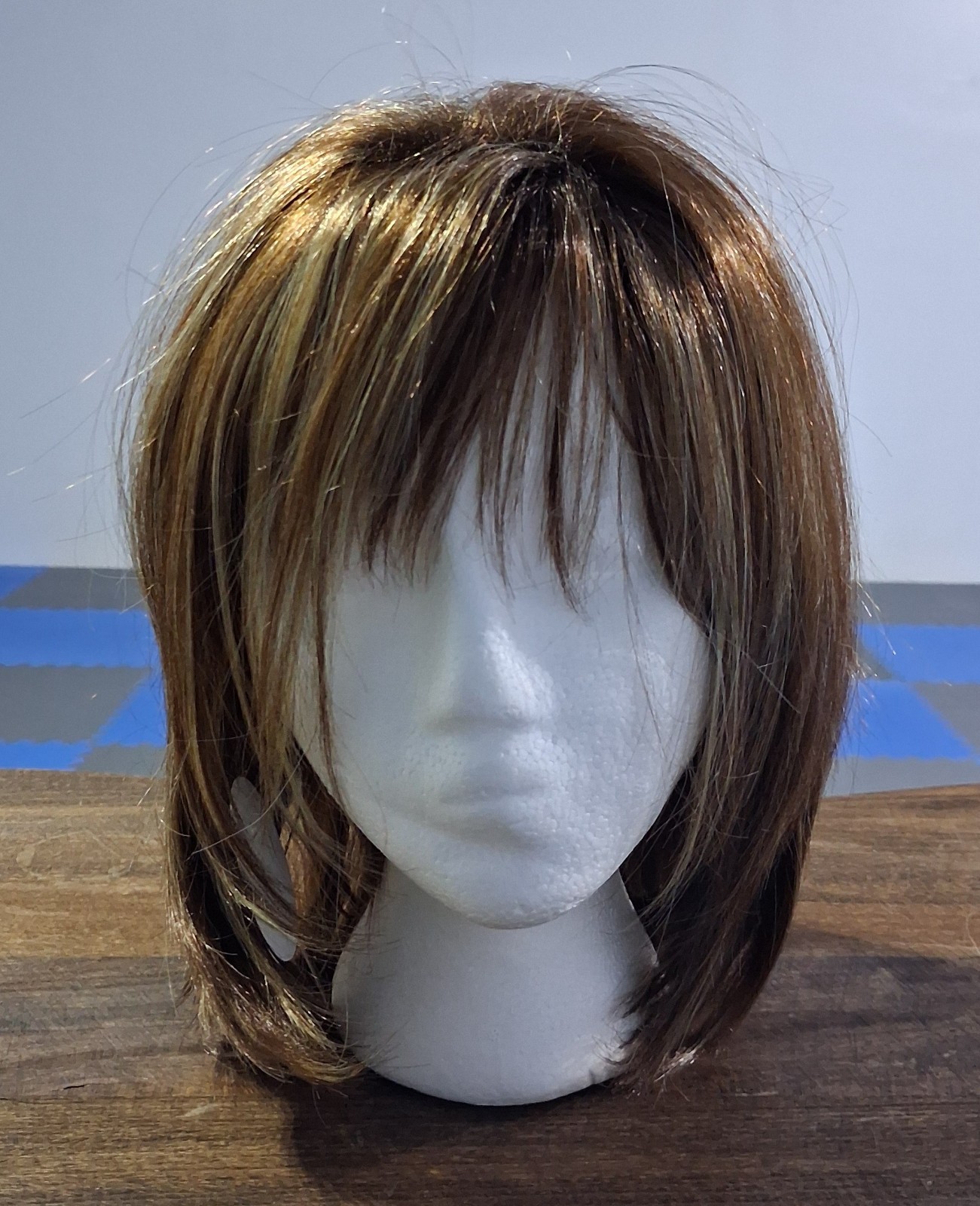 Ombre Brown with Blond Highlights Layered Bob Wig with Bangs, Medium Length