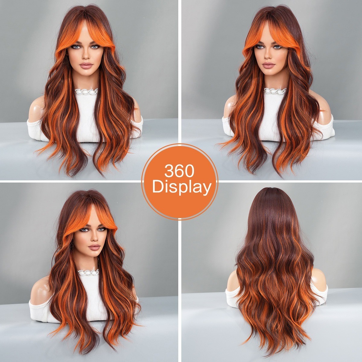 Full head wig with side-swept bangs colorful flame orange highlights and long