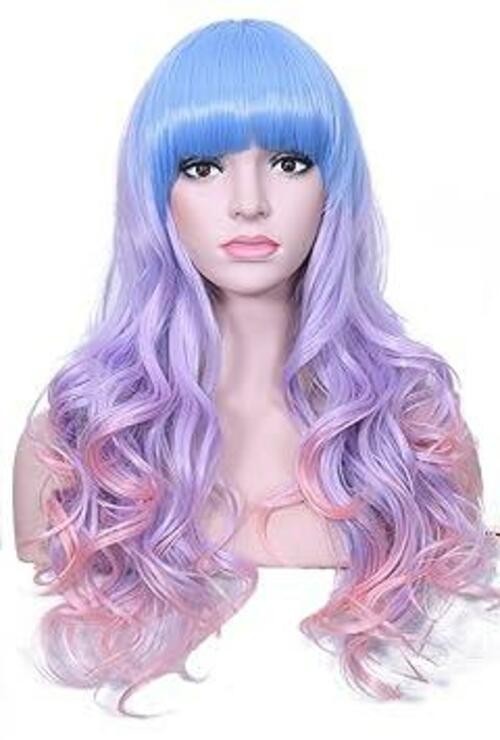 Long Rainbow Unicorn Wavy Wigs Multi-color Cosplay Light Blue/Purple/Pink