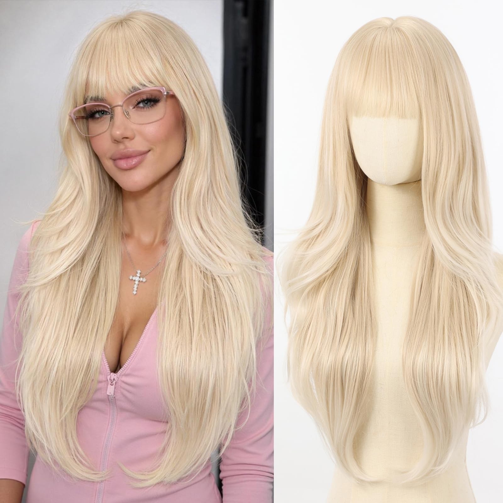 Blonde Long Wavy Wig with Bangs for Women Natural Synthetic Layered Heat Resi…