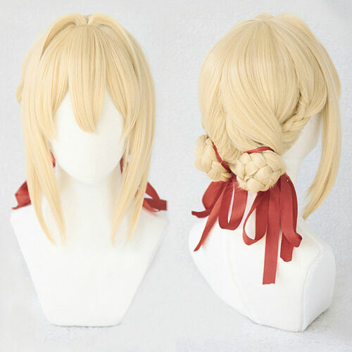 For Cosplay Violet Evergarden Long Ponytail Braid Bun Bangs Blonde Full Wig