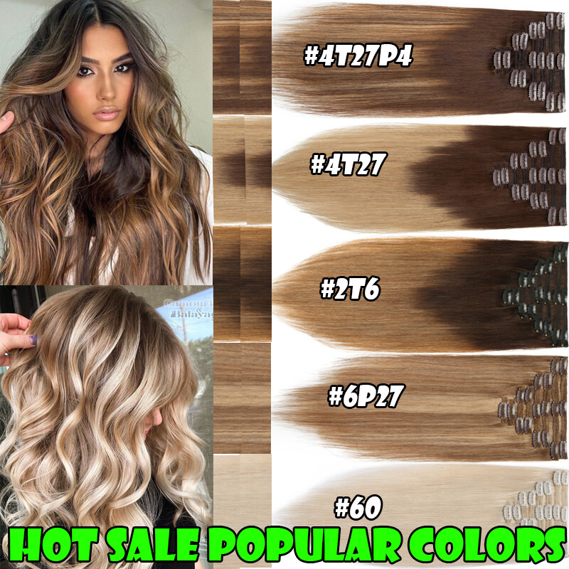 US Extra Thick Remy 100% Human Hair Extensions Clip In Full Head Double Weft 18″