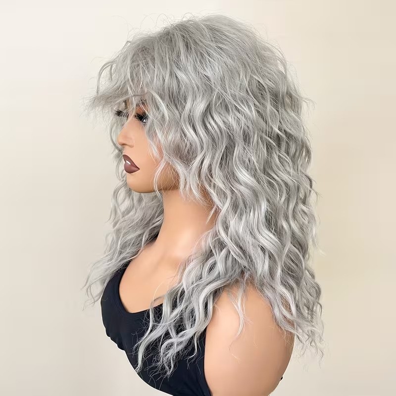 Women’s Gray White Fluffy Water Wave Long Curly Wig Heat Resistant Synthetic
