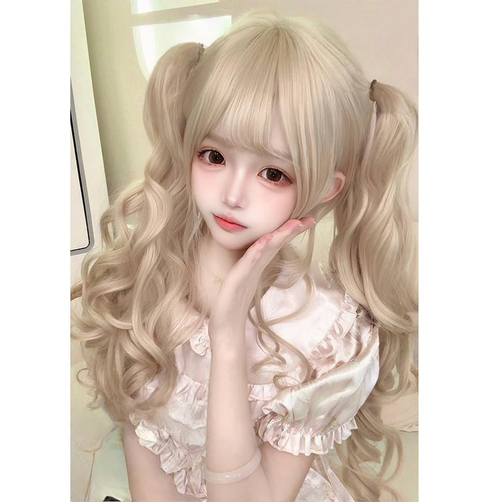 Japanese Lolita Wig Long Curly Ponytail Blonde Hair Cosplay Costume