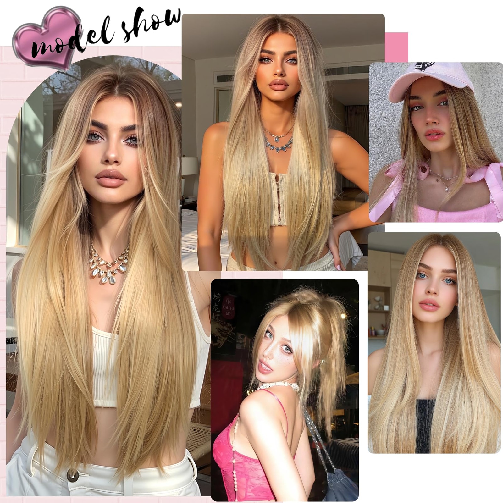 Long Blonde Wig Ombre Wigs for White Women Synthetic Wig Straight Hair Replac…