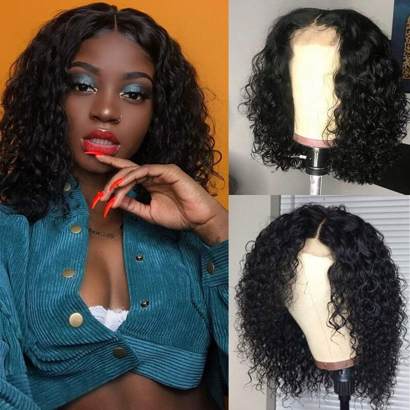 Short Bob Wig Water Wave 4×4 Human Hair Wigs Lace Closure Wigs Natural Black
