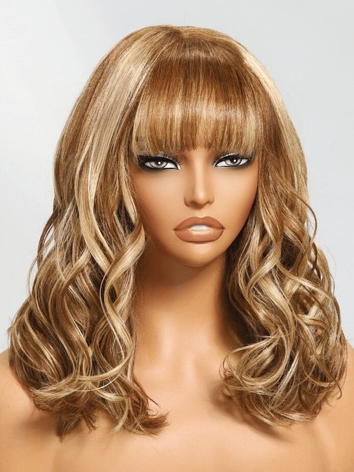 Honey Blonde Brown Highlight Wave Wigs with Bangs 100% Human Hair Wigs Glueless