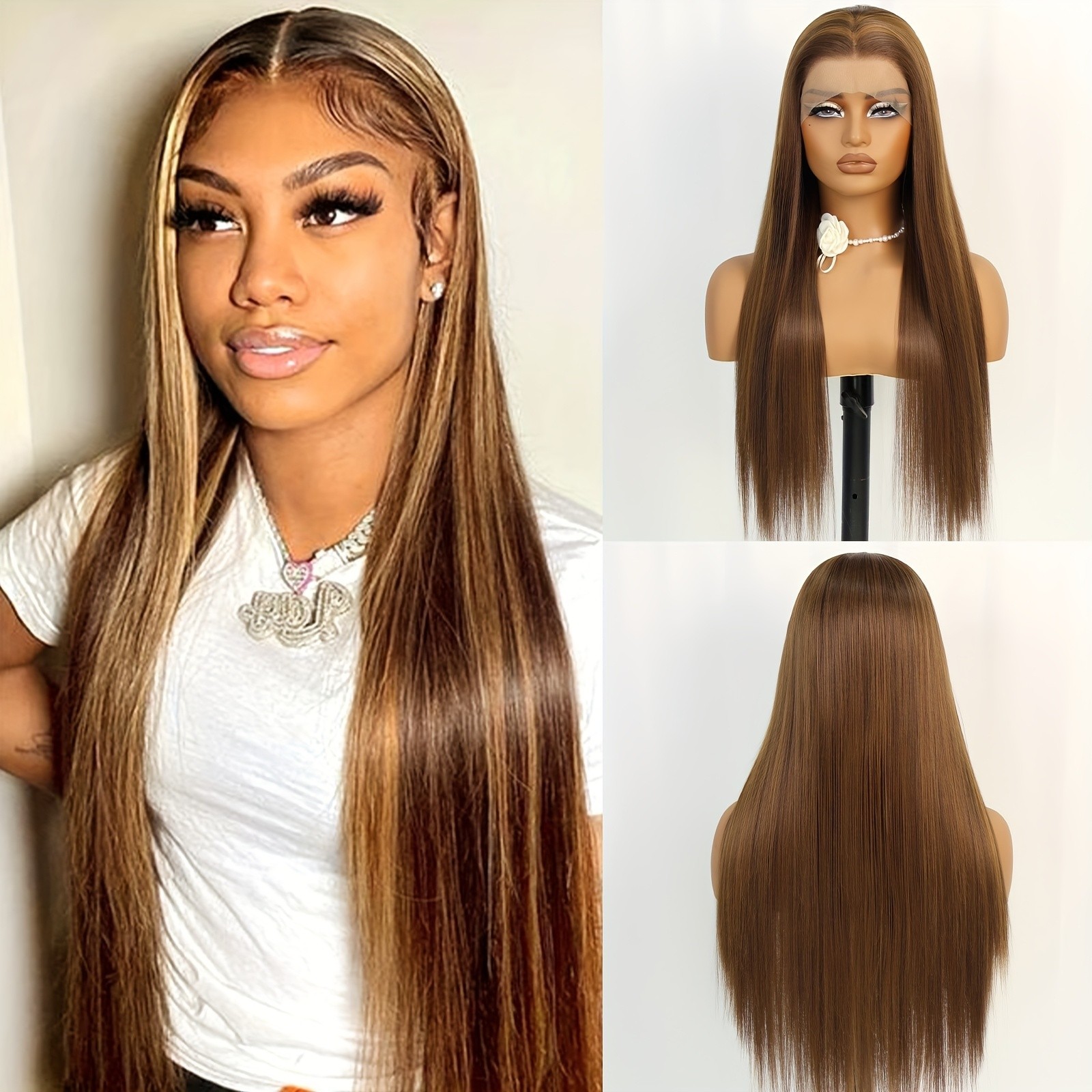 Brown Blonde Highlights 13×4 Pre Plucked Long Straight Lace Front Wigs Glueless