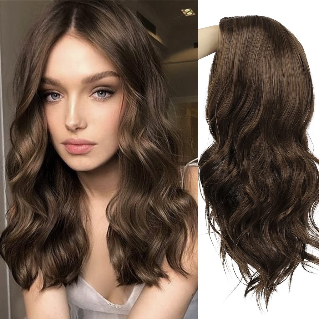 Long Curly Wavy Brown Wig for Women Middle Part Hair Replacement Wigs Synthet…