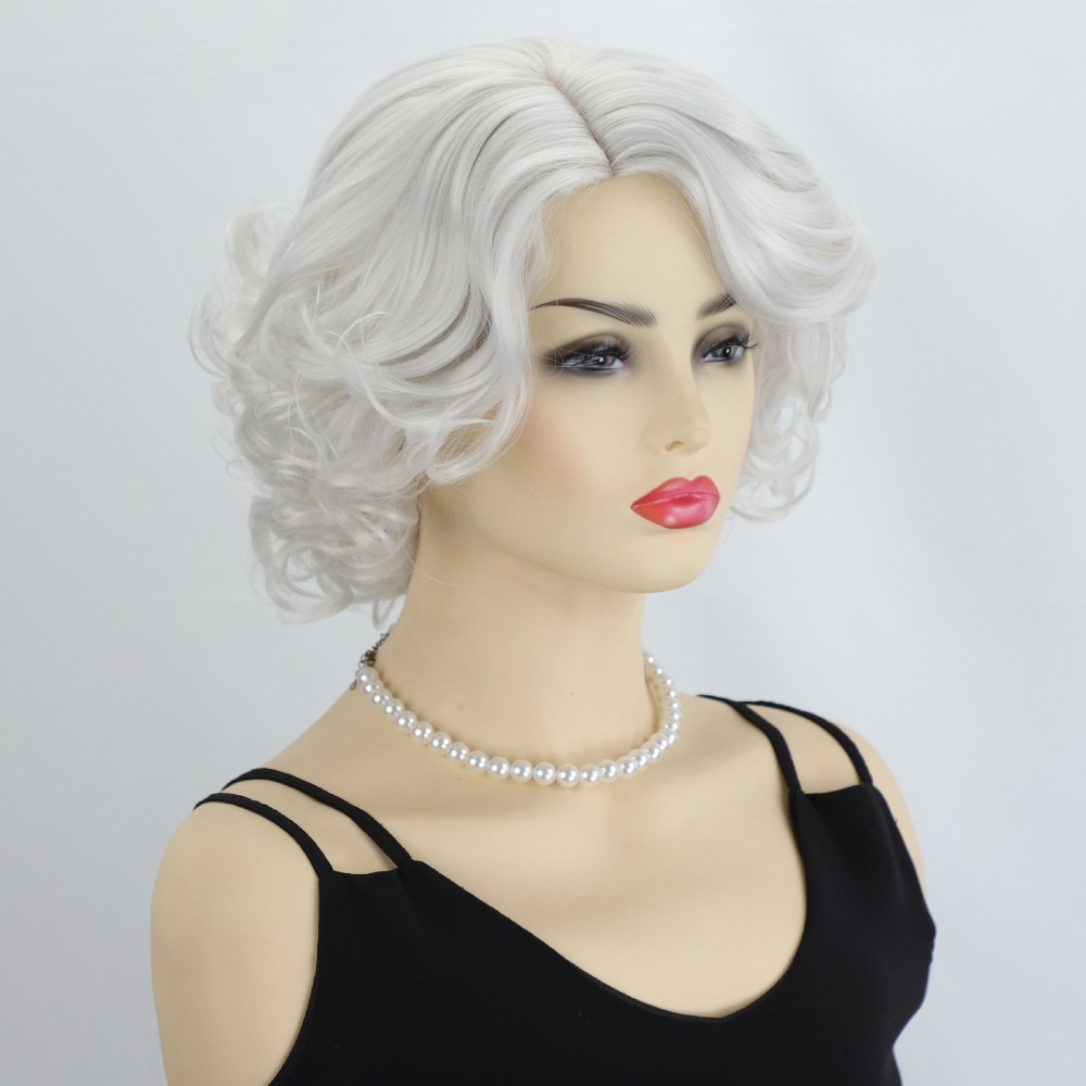 White Wavy Wig Vintage Style for Women Heat Resistant Synthetic Full Cosplay