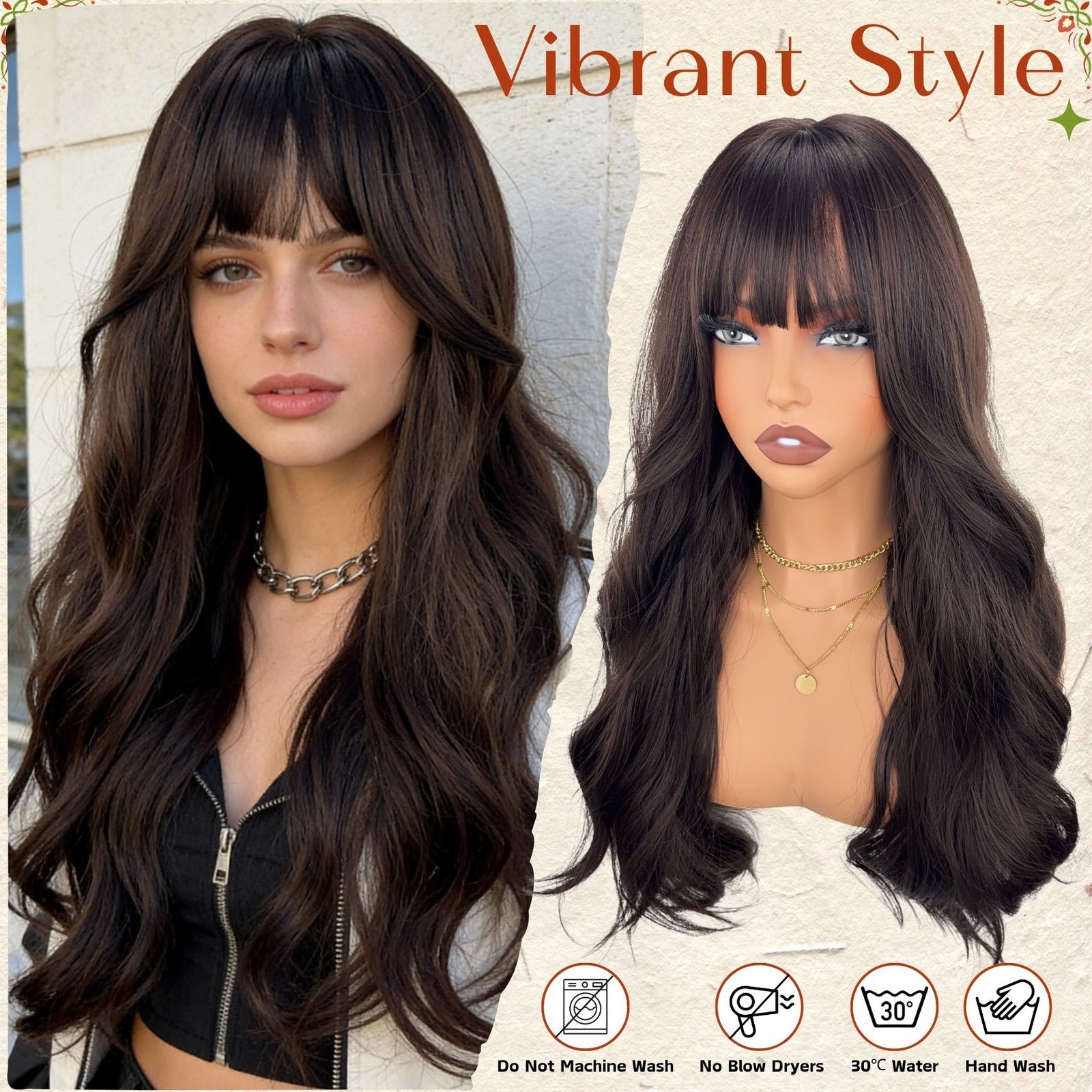 24in Dark Brown Wavy Wig with Bangs Heat Resistant Synthetic Party Wedding
