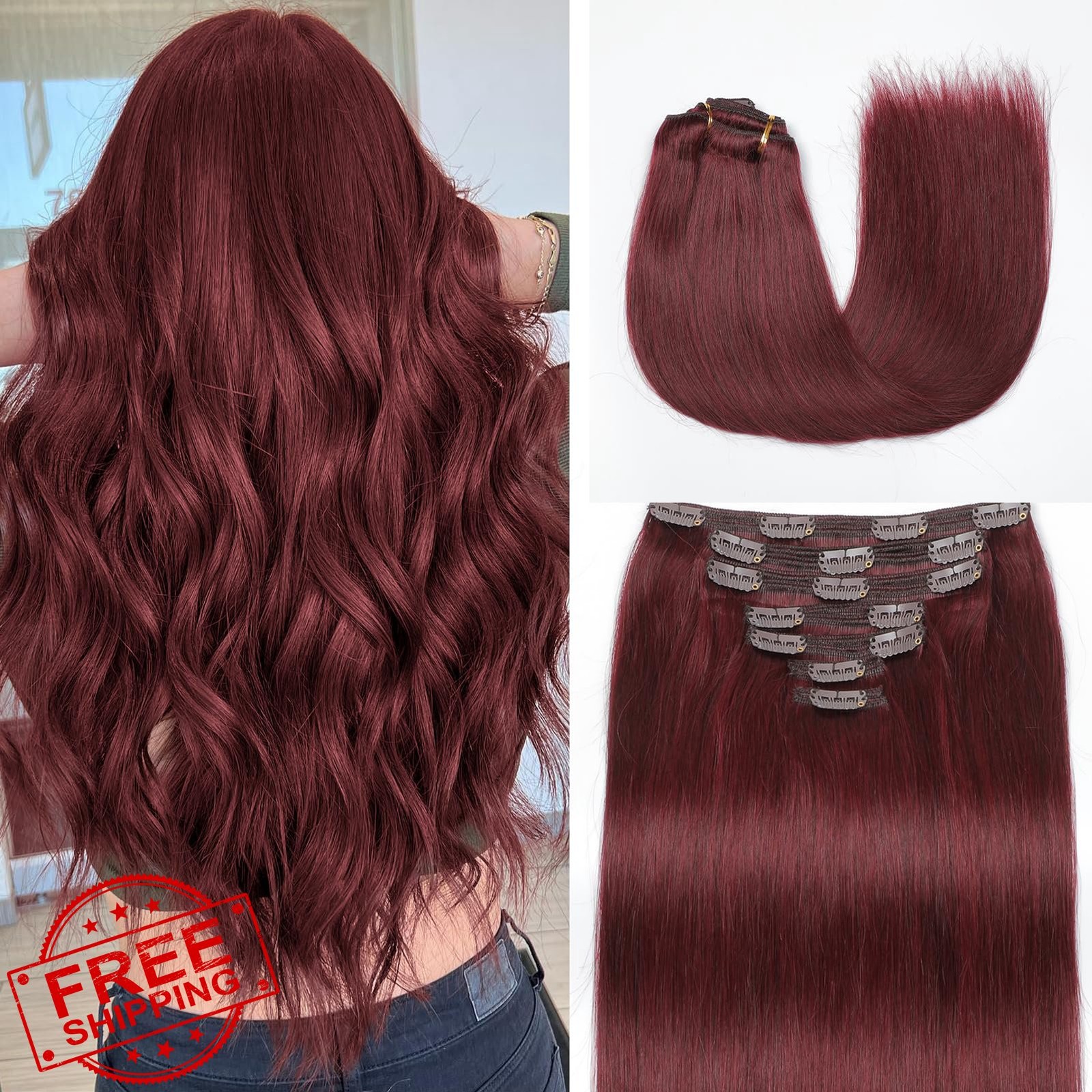 Mocona Clip Ins 16″ Burgundy Red Human Hair 7pcs 140g Straight