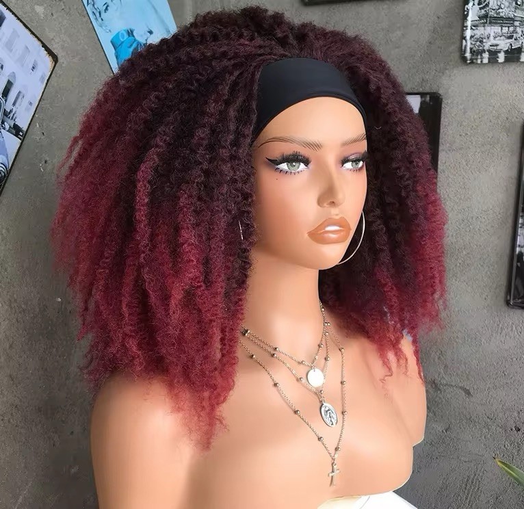 Hot! summer Burgundy afro Kinky Curly Headband Wig. Natural Look Synthetic Hair