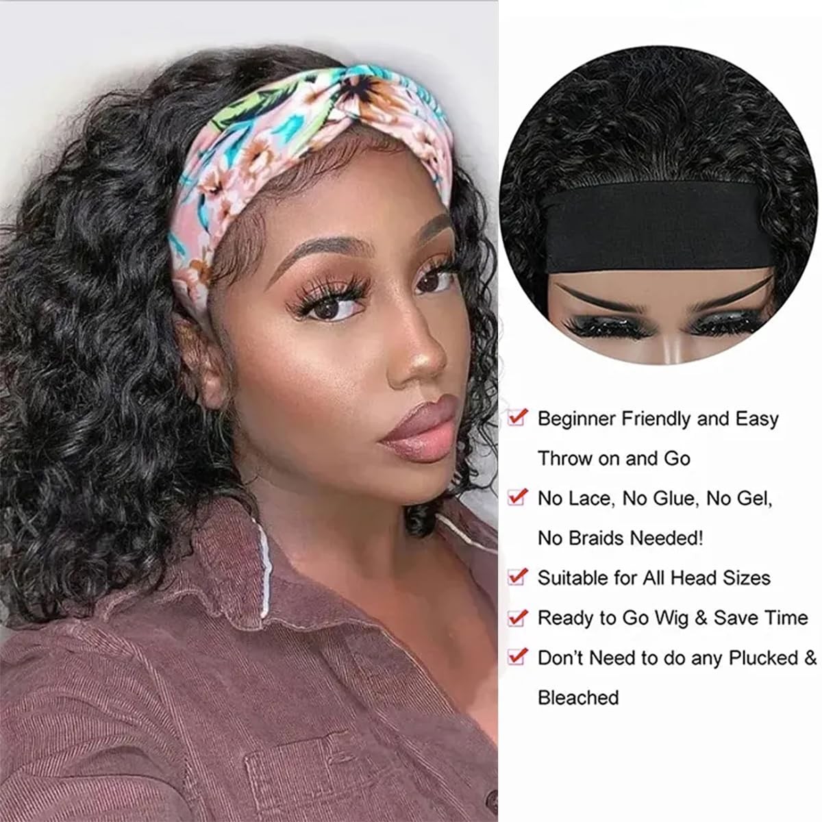 Water Wave Headband Human Hair 150% Density Afro Wigs for Black Natural Curls