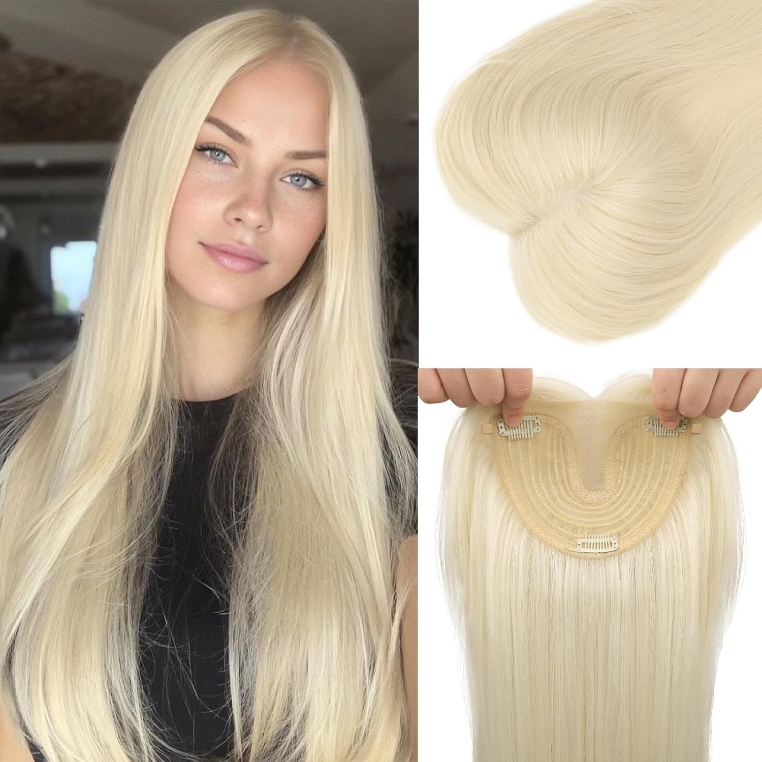 Platinum Blonde Curtain Bangs Long Straight 24in Women Premium Hair Topper