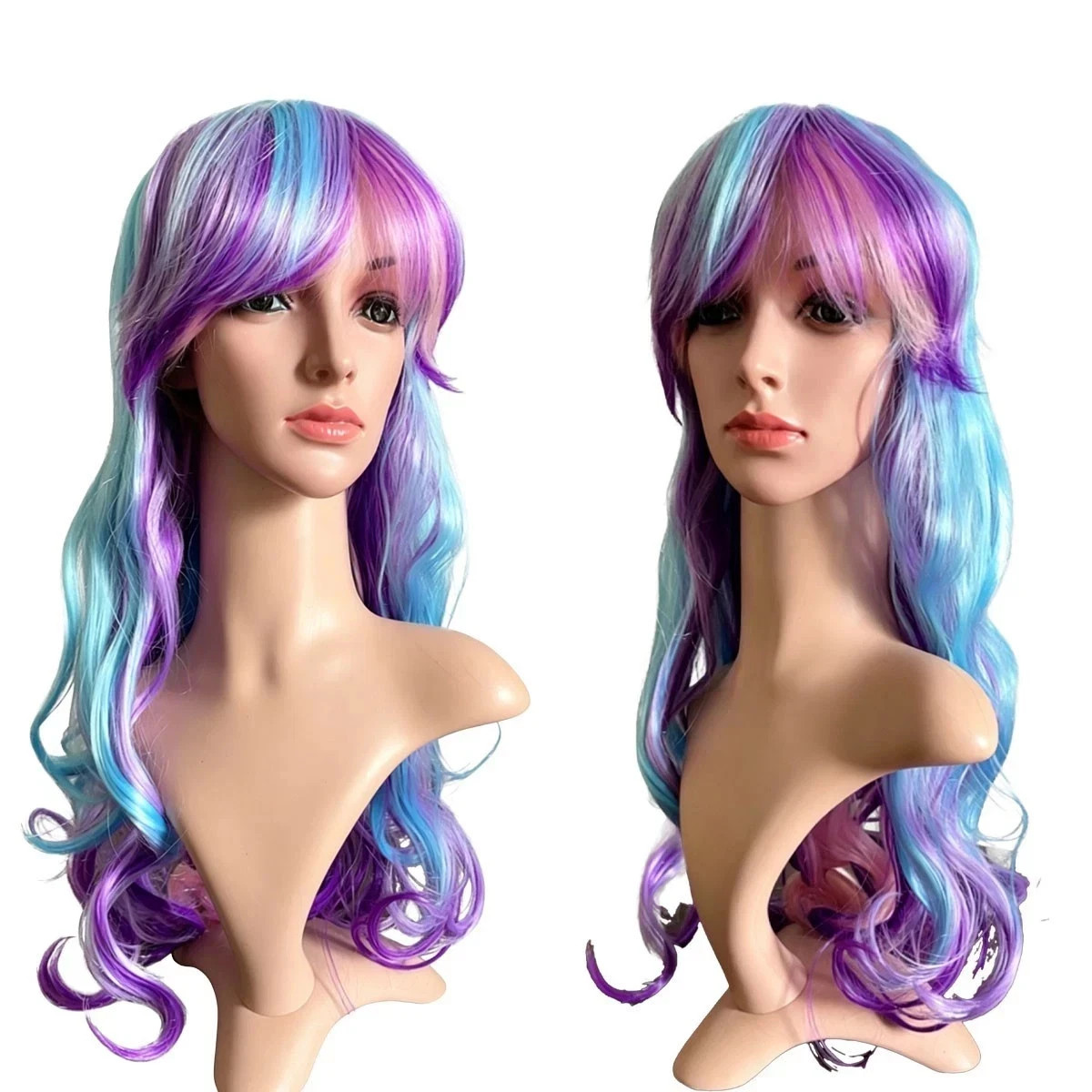 Long Wavy Purple Blue Mixed Color Wig with Bangs Heat Resistant Synthetic Hair C