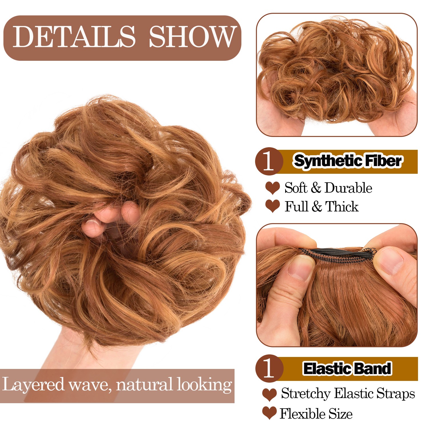 Real Natural Curly Messy Bun Hair Piece Scrunchie Hair Extensions as Human Brown