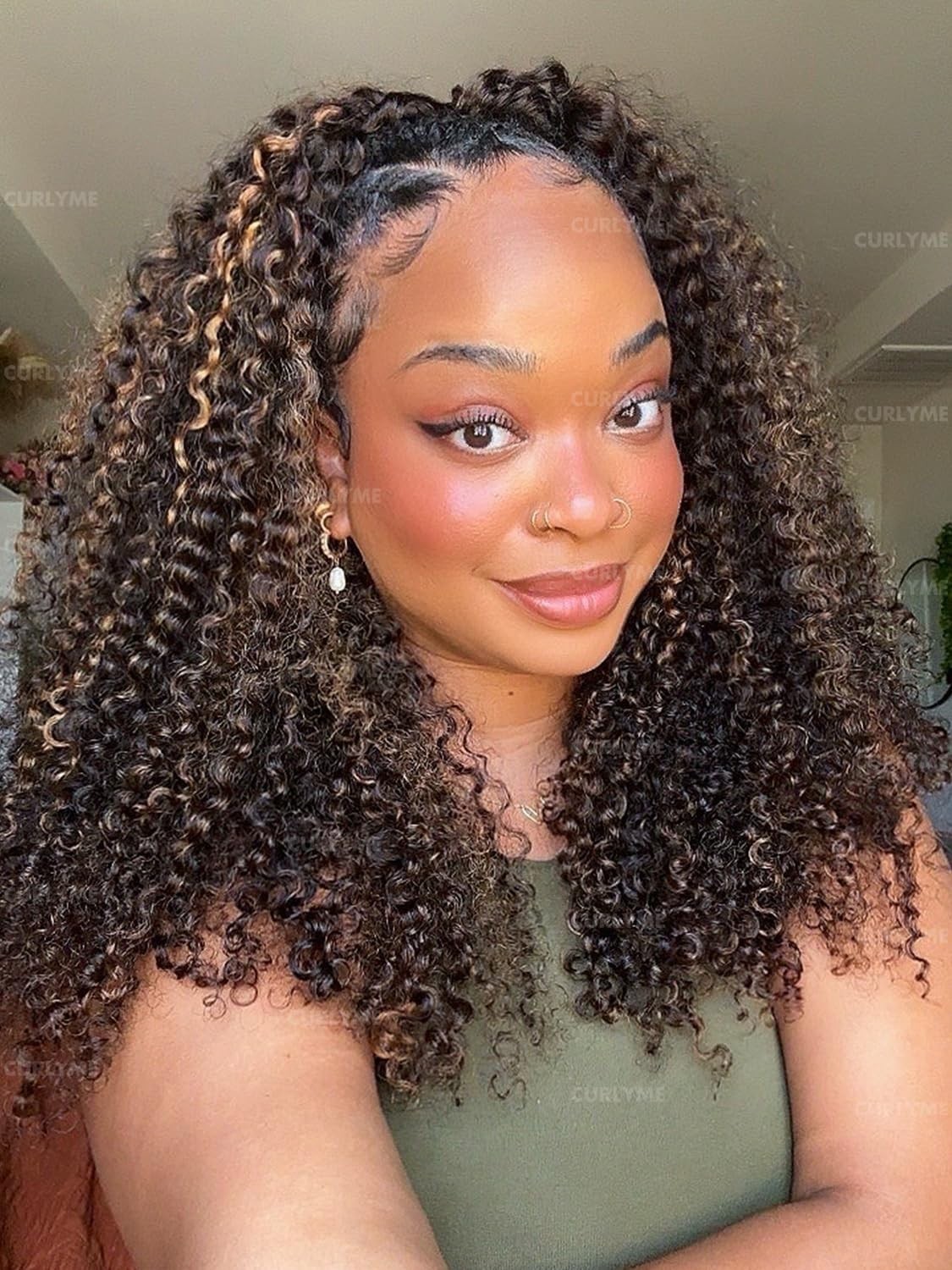 Kinky Curly Half Wig Ombre Honey Blonde 18″ Human Hair Glueless Install, 3-in-1