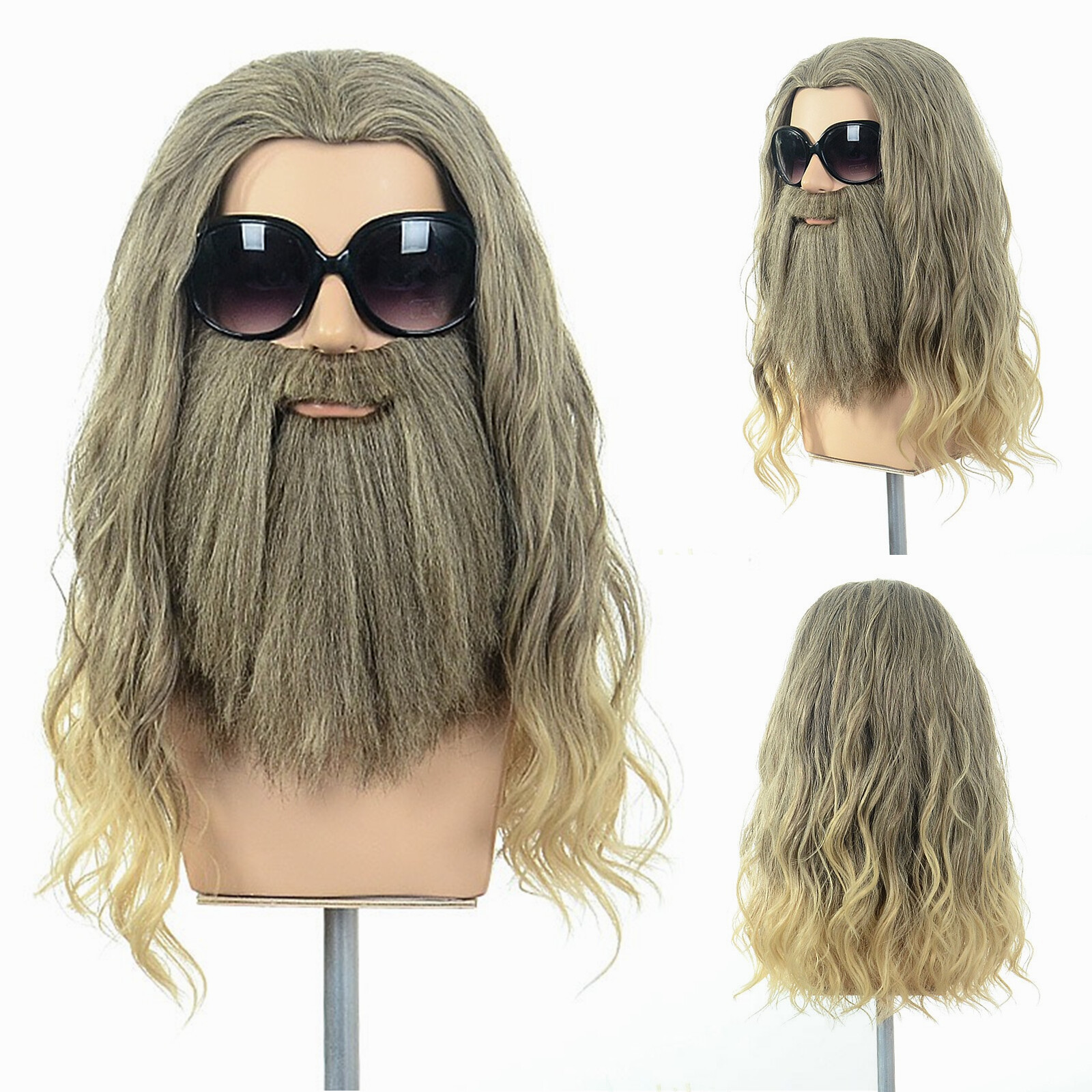 Men’s Thor Blonde Long Wavy Wig and Beard Set Heat Resistant Synthetic Cosplay